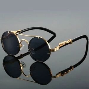 Unisex Gold and Black Round Sunglasses
